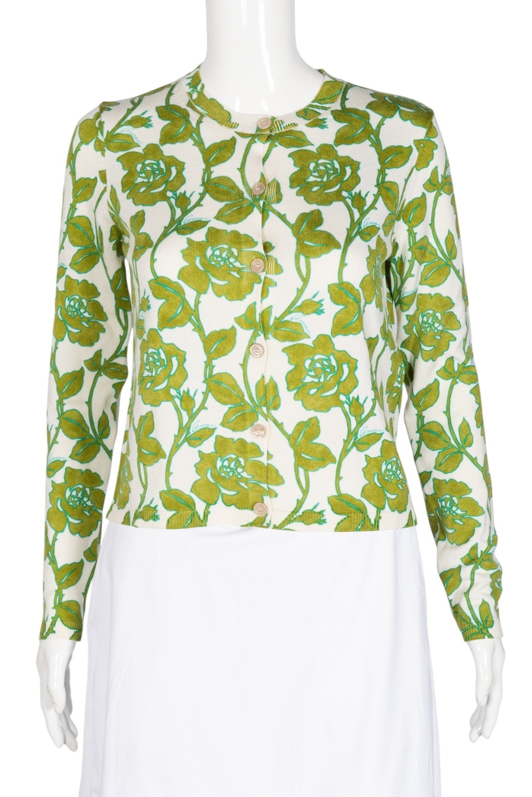 Gucci Green Floral Print Wool Cardigan Size S